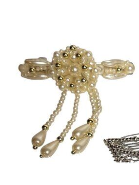 Faux Pearl Waterfall Hair Barrette Clustered Floral Center Dangling Teardrop Vtg